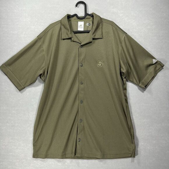 NC State Men’s L Adidas Full Button Short Sleeve Polo Army Green Waffle Pattern - Picture 4 of 11